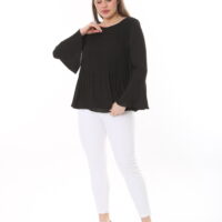 Long Sleeved Round Neck Chiffon Pleated Blouse w/ Ruffled Sleeves and Lining
