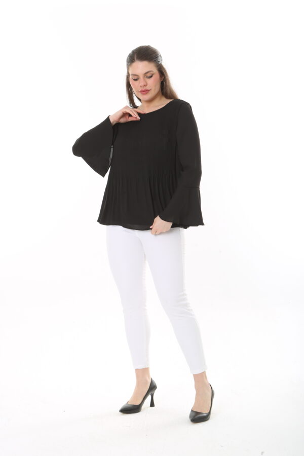 Long Sleeved Round Neck Chiffon Pleated Blouse w/ Ruffled Sleeves and Lining