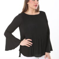 Long Sleeved Round Neck Chiffon Pleated Blouse w/ Ruffled Sleeves and Lining