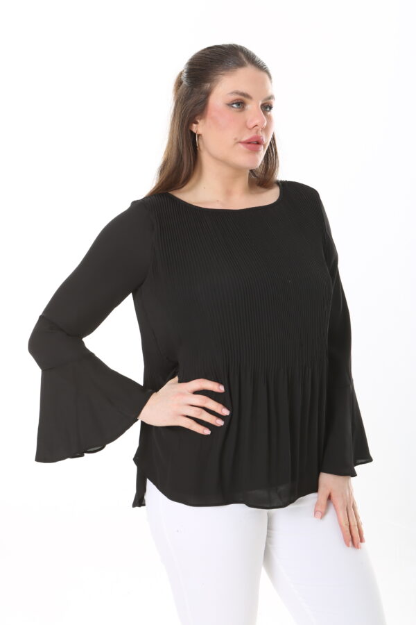 Long Sleeved Round Neck Chiffon Pleated Blouse w/ Ruffled Sleeves and Lining