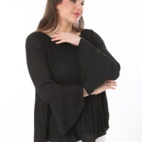 Long Sleeved Round Neck Chiffon Pleated Blouse w/ Ruffled Sleeves and Lining