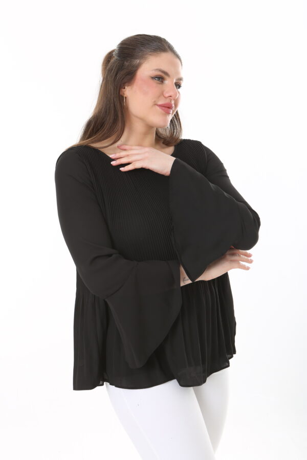 Long Sleeved Round Neck Chiffon Pleated Blouse w/ Ruffled Sleeves and Lining