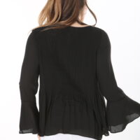 Long Sleeved Round Neck Chiffon Pleated Blouse w/ Ruffled Sleeves and Lining