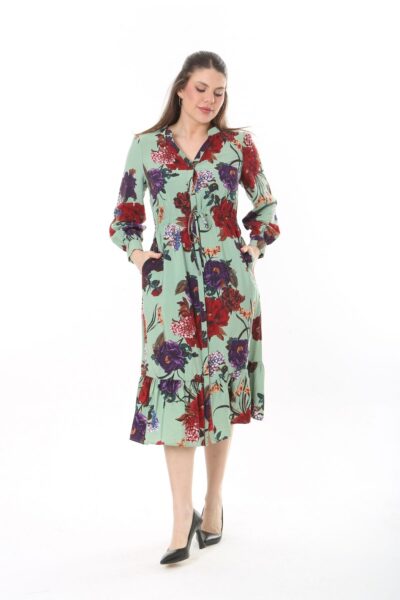 Long Sleeved Dress with Tie Front and Side Hip Zipper