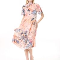 Chiffon Angel Sleeved Halter Neck Dress w/ Flared Waist and Keyhole Neck - Lined