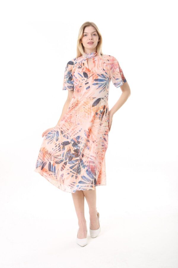 Chiffon Angel Sleeved Halter Neck Dress w/ Flared Waist and Keyhole Neck - Lined