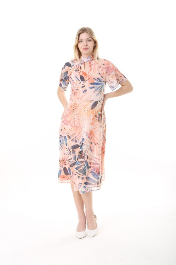 Chiffon Angel Sleeved Halter Neck Dress w/ Flared Waist and Keyhole Neck - Lined