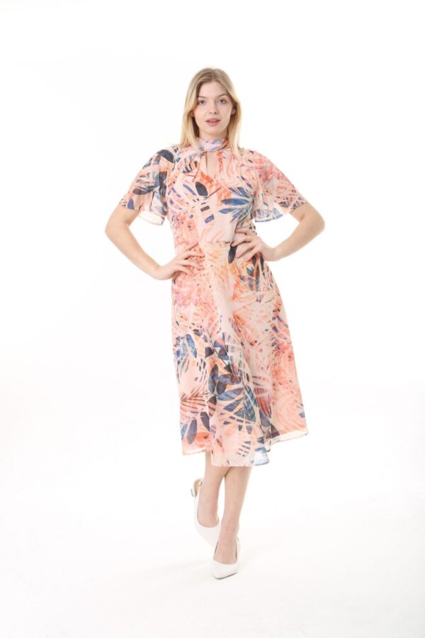 Chiffon Angel Sleeved Halter Neck Dress w/ Flared Waist and Keyhole Neck - Lined