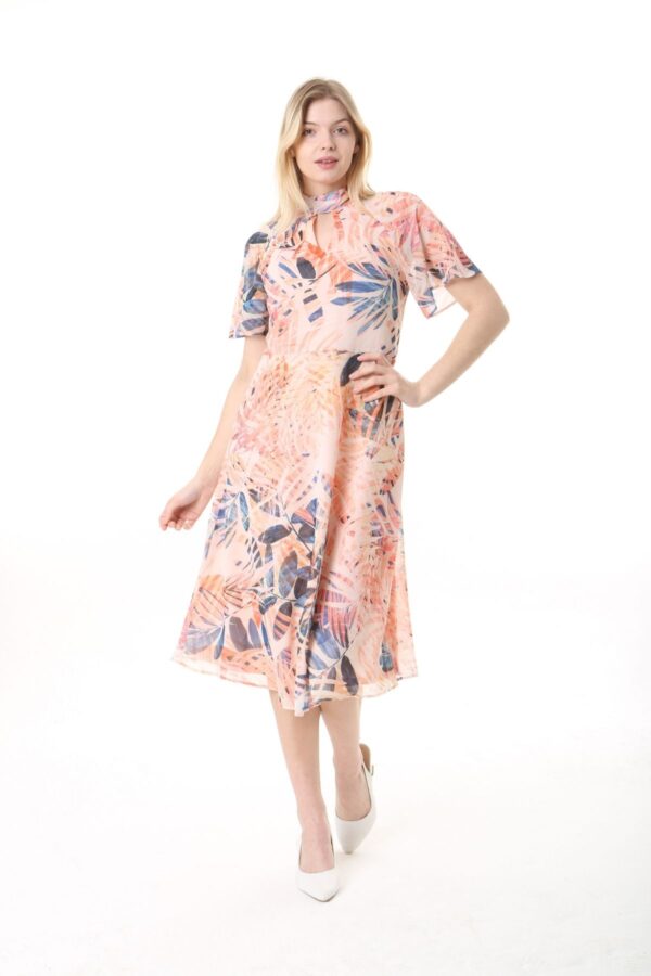 Chiffon Angel Sleeved Halter Neck Dress w/ Flared Waist and Keyhole Neck - Lined