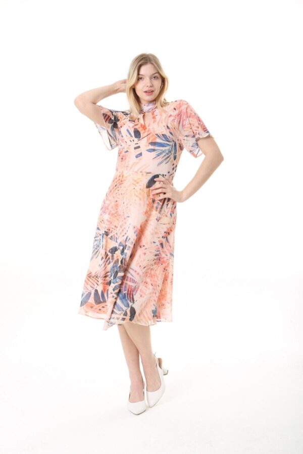 Chiffon Angel Sleeved Halter Neck Dress w/ Flared Waist and Keyhole Neck - Lined