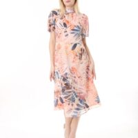 Chiffon Angel Sleeved Halter Neck Dress w/ Flared Waist and Keyhole Neck - Lined