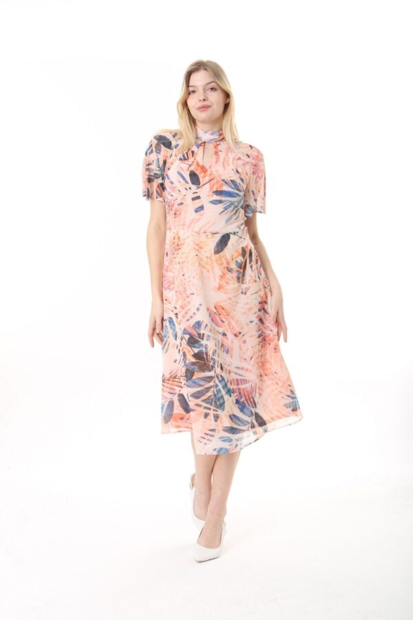 Chiffon Angel Sleeved Halter Neck Dress w/ Flared Waist and Keyhole Neck - Lined