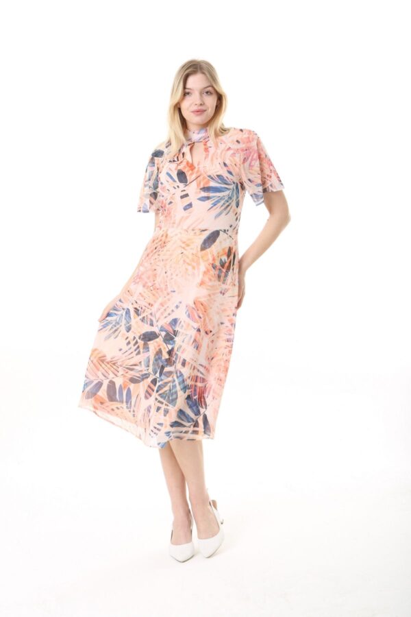 Chiffon Angel Sleeved Halter Neck Dress w/ Flared Waist and Keyhole Neck - Lined