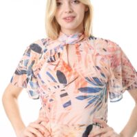 Chiffon Angel Sleeved Halter Neck Dress w/ Flared Waist and Keyhole Neck - Lined