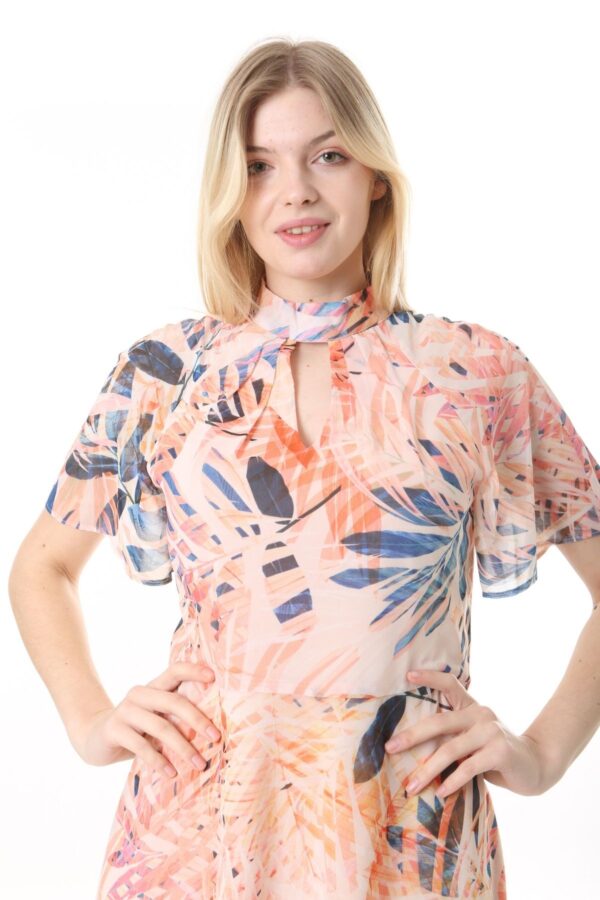 Chiffon Angel Sleeved Halter Neck Dress w/ Flared Waist and Keyhole Neck - Lined