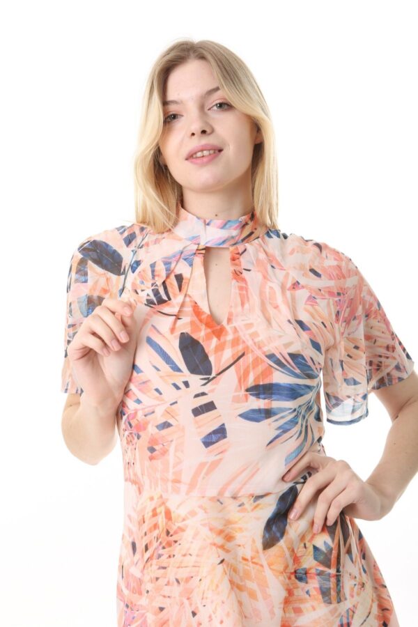 Chiffon Angel Sleeved Halter Neck Dress w/ Flared Waist and Keyhole Neck - Lined