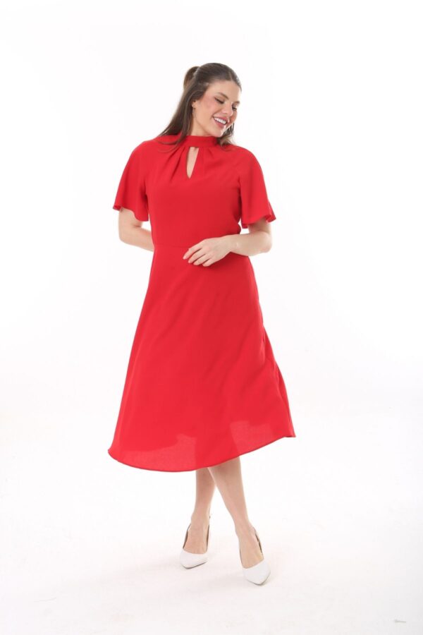 Angel Sleeved Halter Neck Dress with Flared Waist and Keyhole Neck Unlined polyester Dress