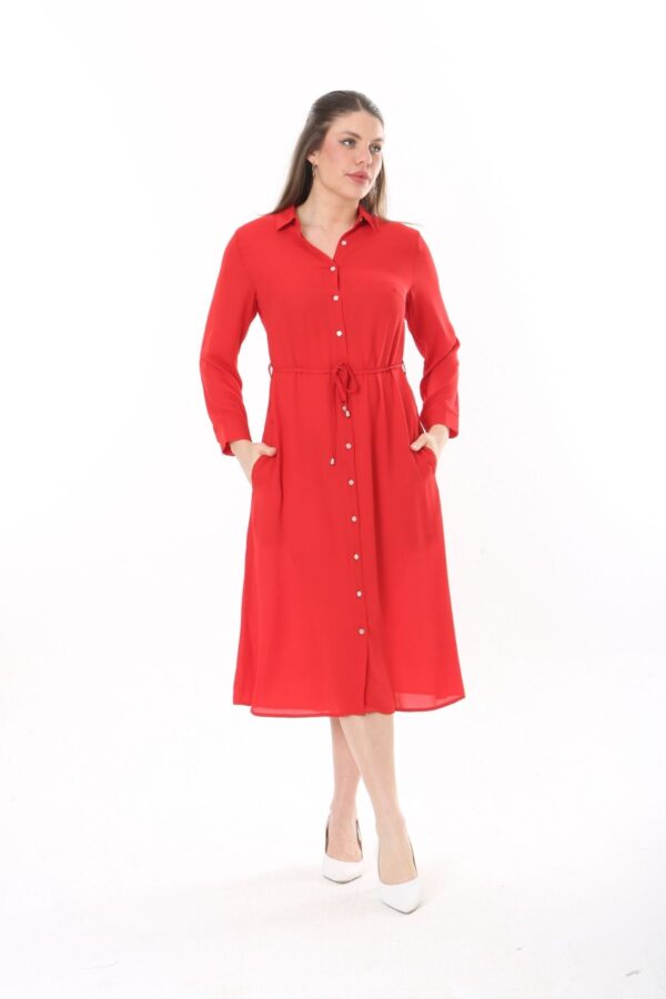 Button Down Tie Front Dress Cuffed Collared Midi