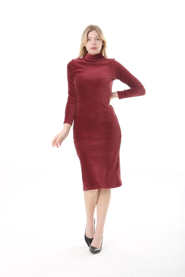 62 Comfortable High Necked Womens Velvet Ribbed Mid-Length Dress