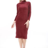 Comfortable High Necked Womens Velvet Ribbed Mid-Length Dress