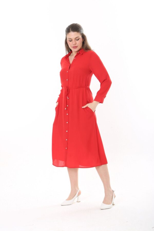 Button Down Tie Front Dress Cuffed Collared Midi