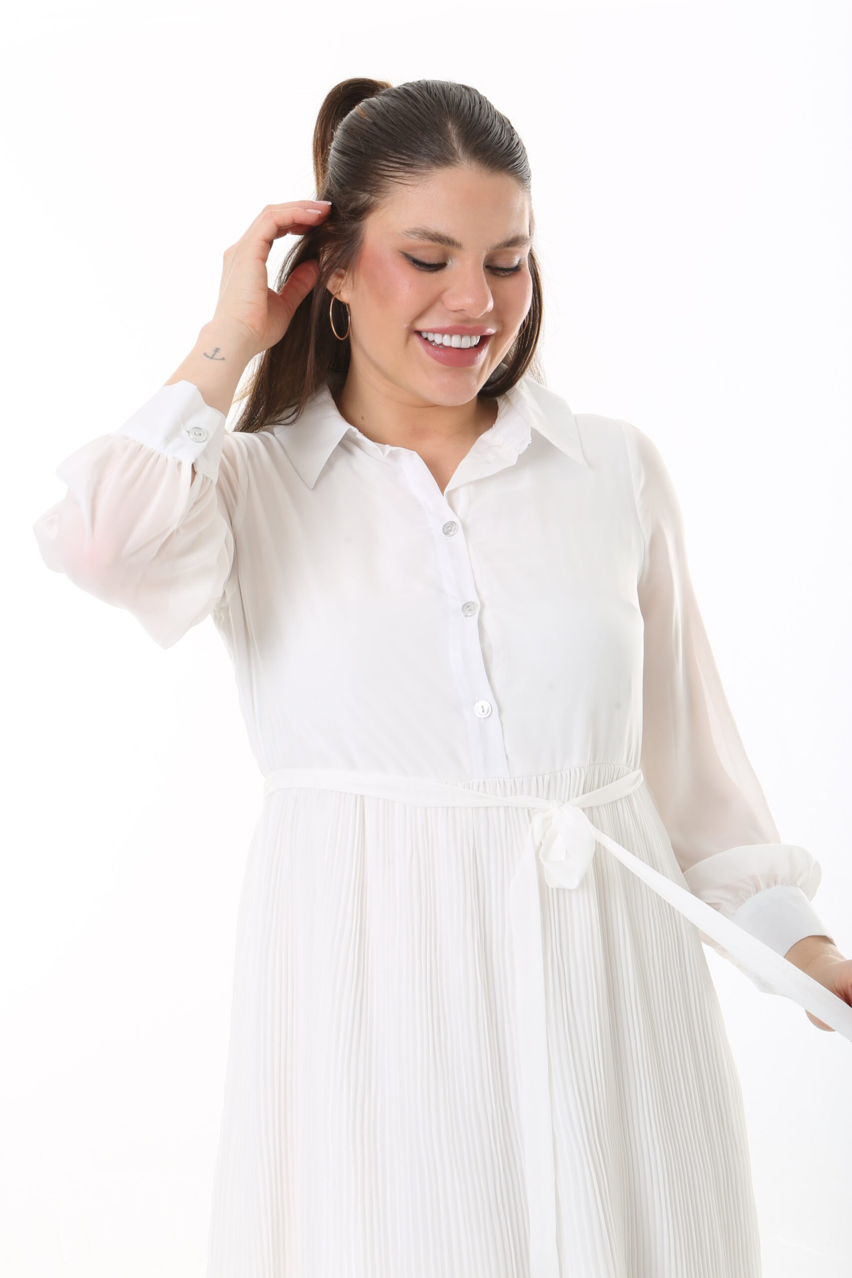 Women's Lined Chiffon Crystal Pleated Midi Dress with Tie Back 123 CM